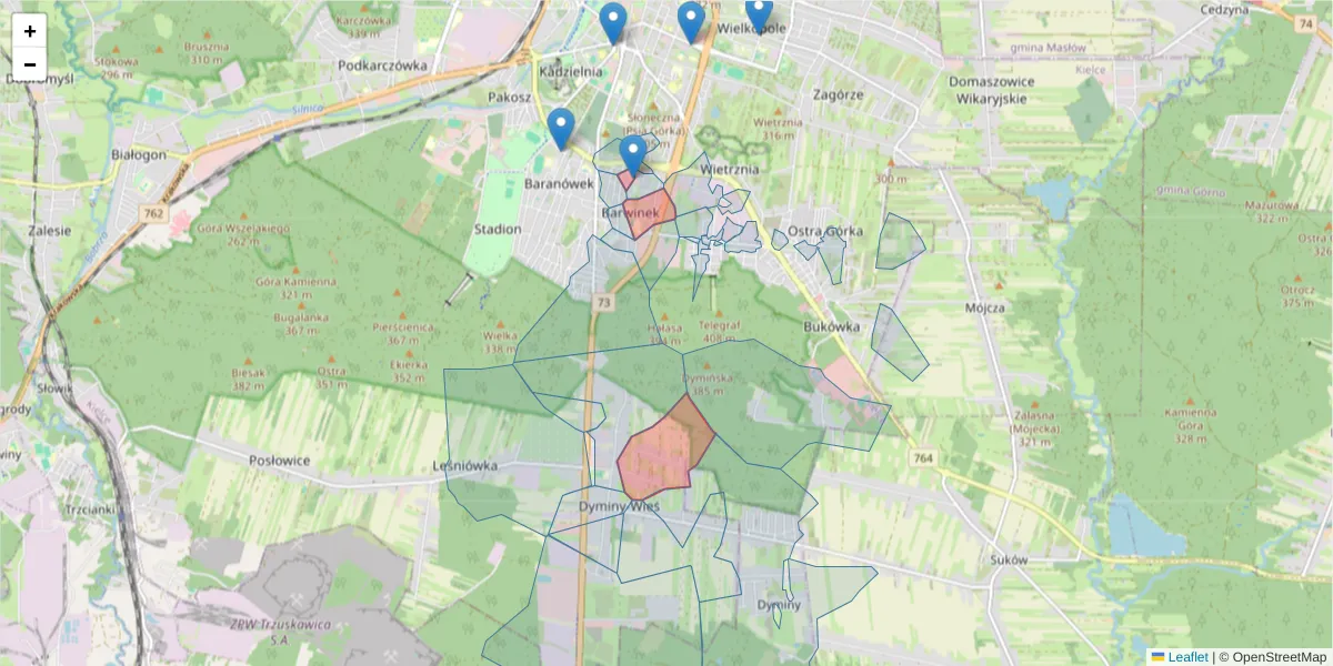 Szczegółowa mapa kodu pocztowego 25-150 z granicami, sąsiednimi kodami pocztowymi i urzędami pocztowymi