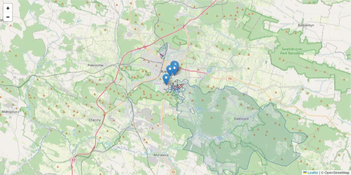 Szczegółowa mapa kodu pocztowego 25-204 z granicami, sąsiednimi kodami pocztowymi i urzędami pocztowymi