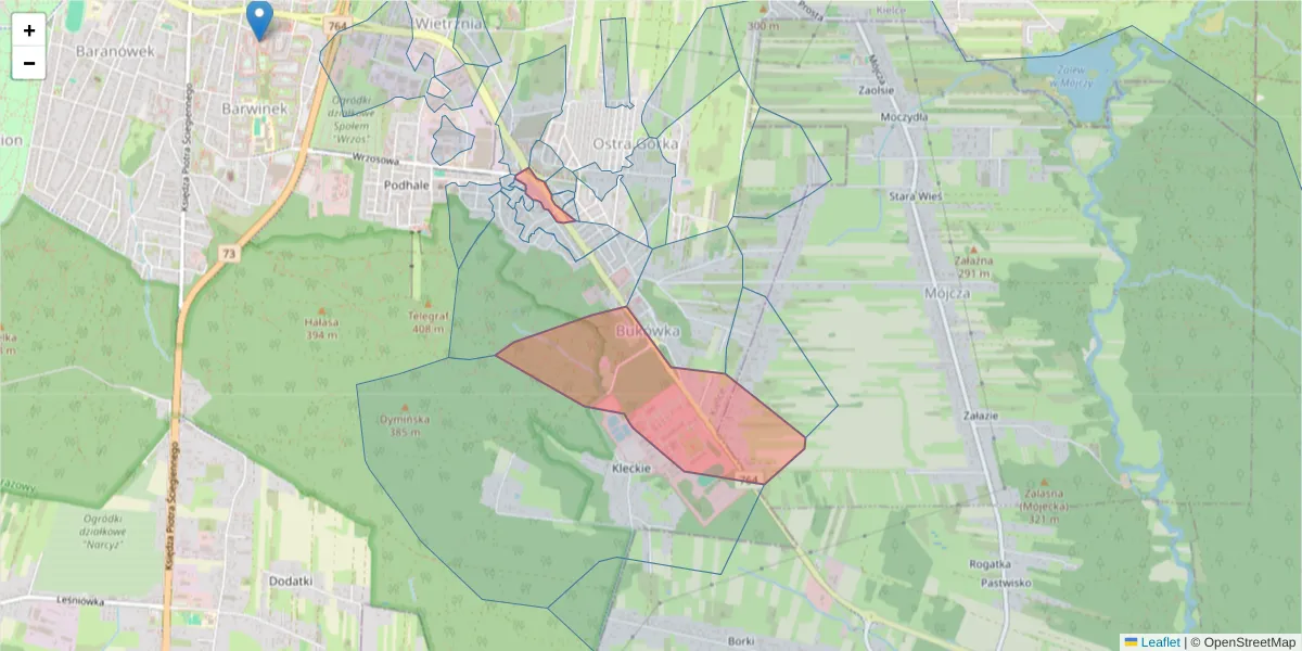 Szczegółowa mapa kodu pocztowego 25-205 z granicami, sąsiednimi kodami pocztowymi i urzędami pocztowymi