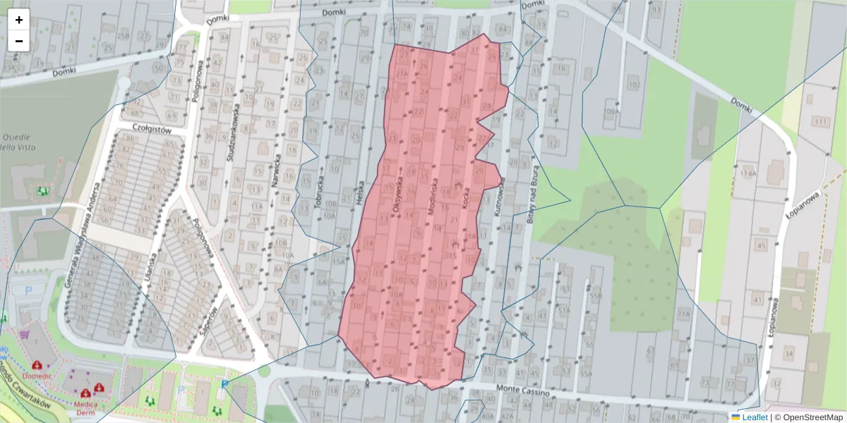 Szczegółowa mapa kodu pocztowego 25-221 z granicami, sąsiednimi kodami pocztowymi i urzędami pocztowymi