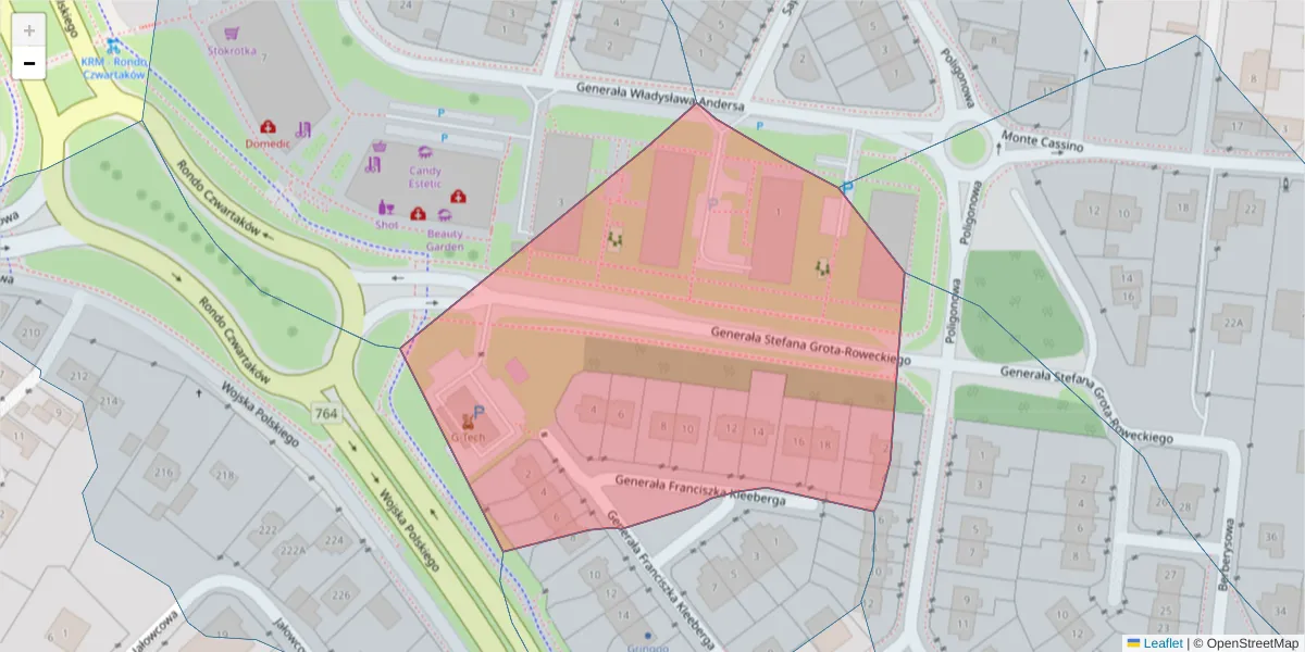 Szczegółowa mapa kodu pocztowego 25-225 z granicami, sąsiednimi kodami pocztowymi i urzędami pocztowymi
