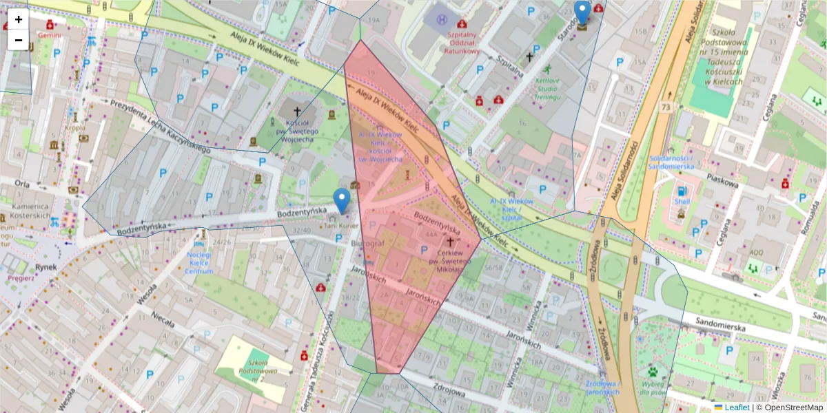 Szczegółowa mapa kodu pocztowego 25-310 z granicami, sąsiednimi kodami pocztowymi i urzędami pocztowymi