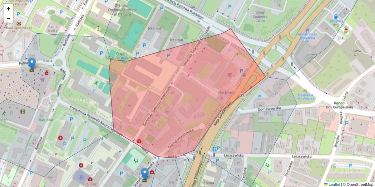Szczegółowa mapa kodu pocztowego 25-316 z granicami, sąsiednimi kodami pocztowymi i urzędami pocztowymi