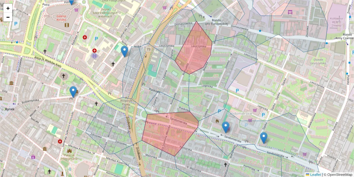Szczegółowa mapa kodu pocztowego 25-318 z granicami, sąsiednimi kodami pocztowymi i urzędami pocztowymi