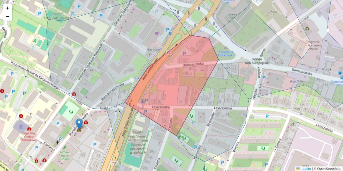 Szczegółowa mapa kodu pocztowego 25-321 z granicami, sąsiednimi kodami pocztowymi i urzędami pocztowymi