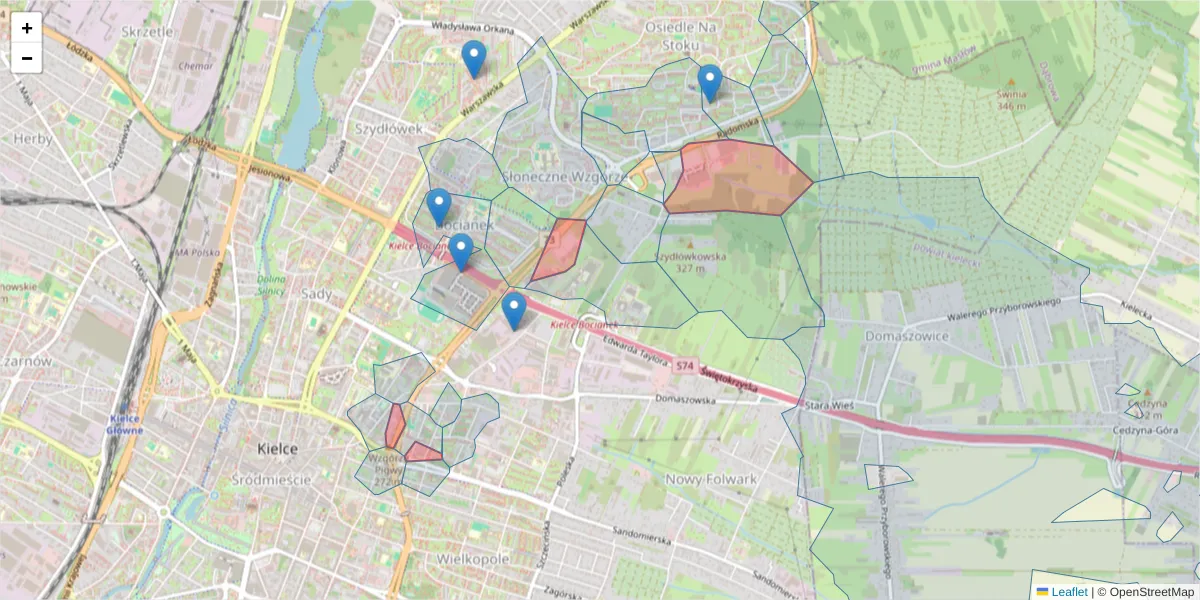 Szczegółowa mapa kodu pocztowego 25-323 z granicami, sąsiednimi kodami pocztowymi i urzędami pocztowymi