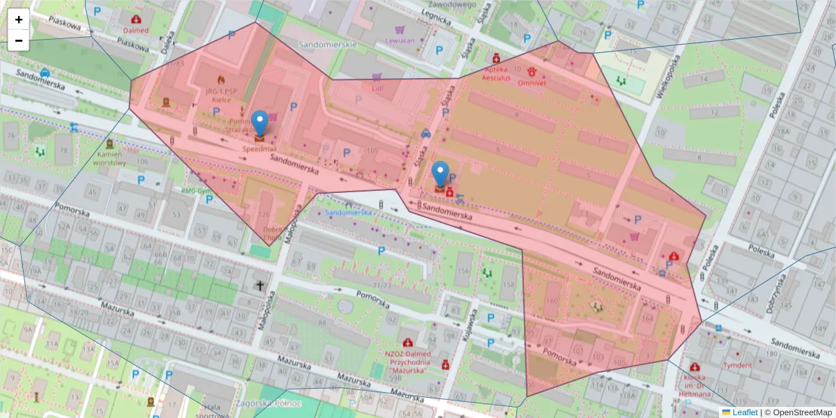 Szczegółowa mapa kodu pocztowego 25-324 z granicami, sąsiednimi kodami pocztowymi i urzędami pocztowymi