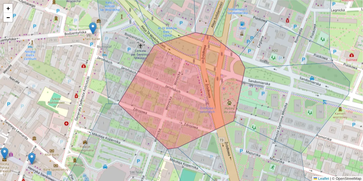 Szczegółowa mapa kodu pocztowego 25-335 z granicami, sąsiednimi kodami pocztowymi i urzędami pocztowymi