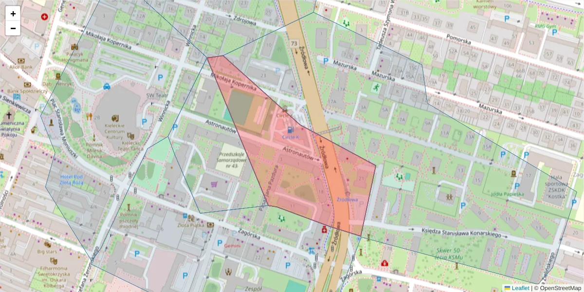 Szczegółowa mapa kodu pocztowego 25-337 z granicami, sąsiednimi kodami pocztowymi i urzędami pocztowymi