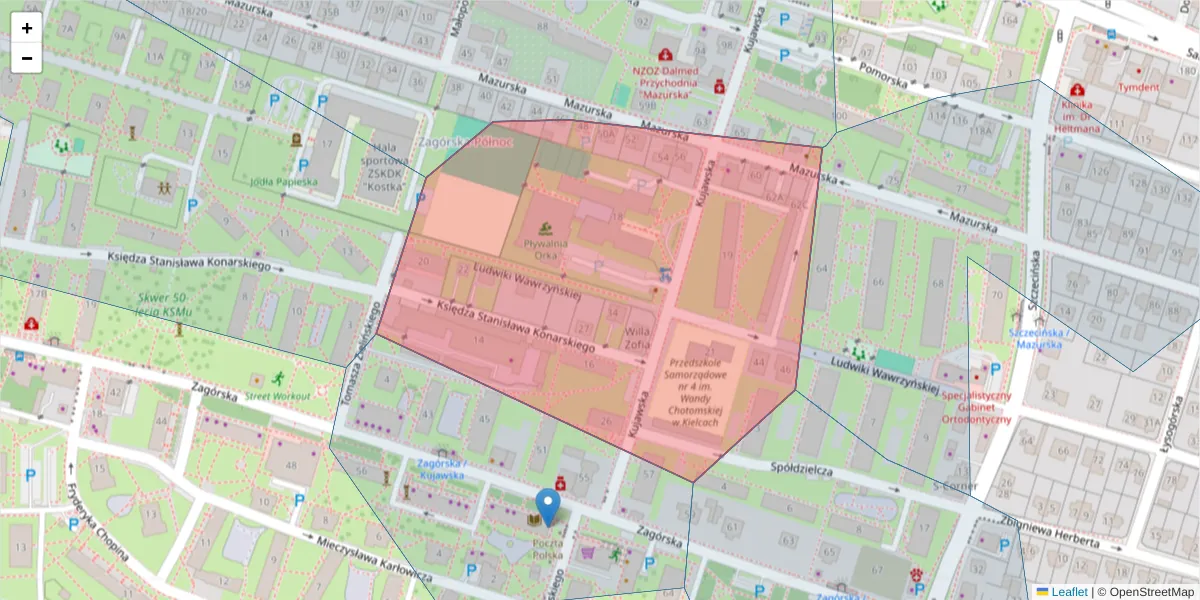 Szczegółowa mapa kodu pocztowego 25-340 z granicami, sąsiednimi kodami pocztowymi i urzędami pocztowymi