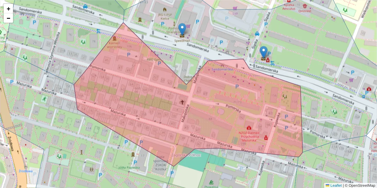 Szczegółowa mapa kodu pocztowego 25-343 z granicami, sąsiednimi kodami pocztowymi i urzędami pocztowymi