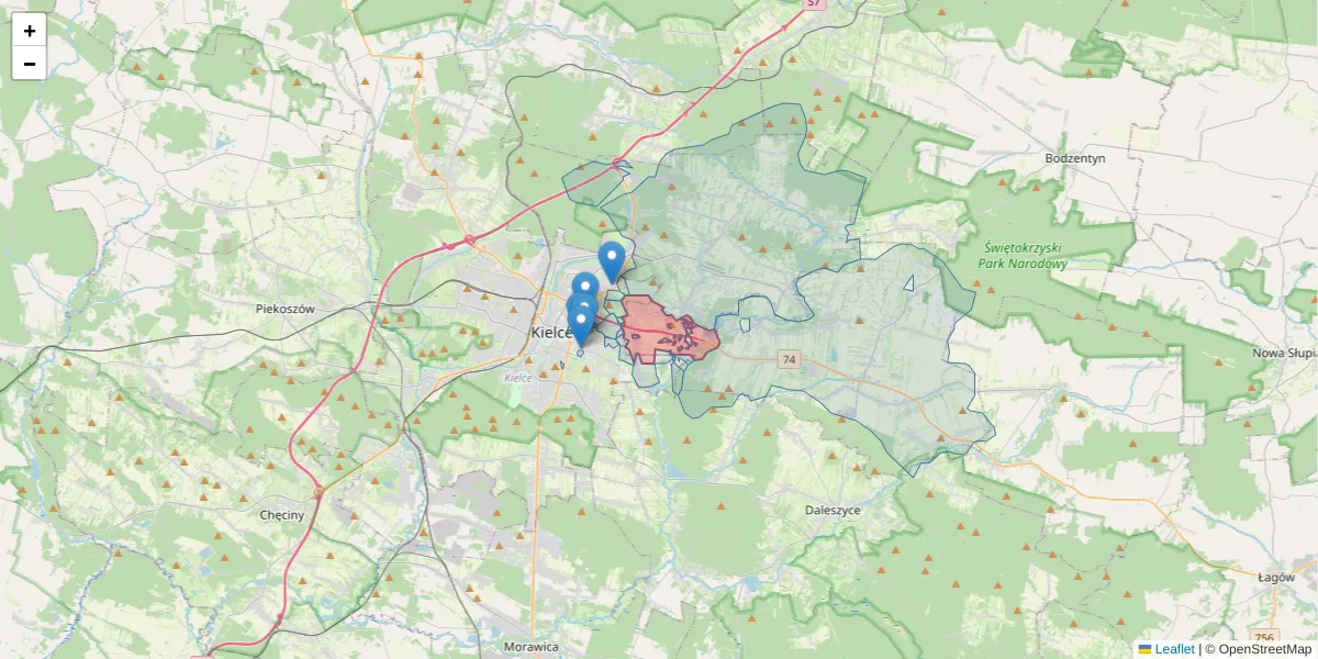 Szczegółowa mapa kodu pocztowego 25-351 z granicami, sąsiednimi kodami pocztowymi i urzędami pocztowymi