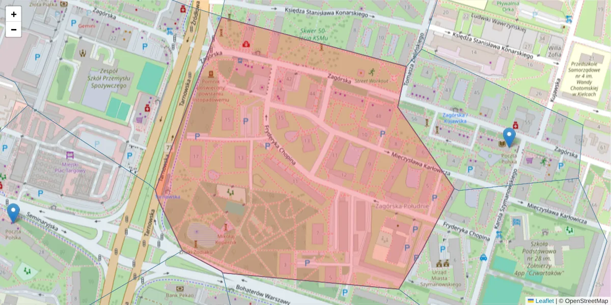 Szczegółowa mapa kodu pocztowego 25-356 z granicami, sąsiednimi kodami pocztowymi i urzędami pocztowymi