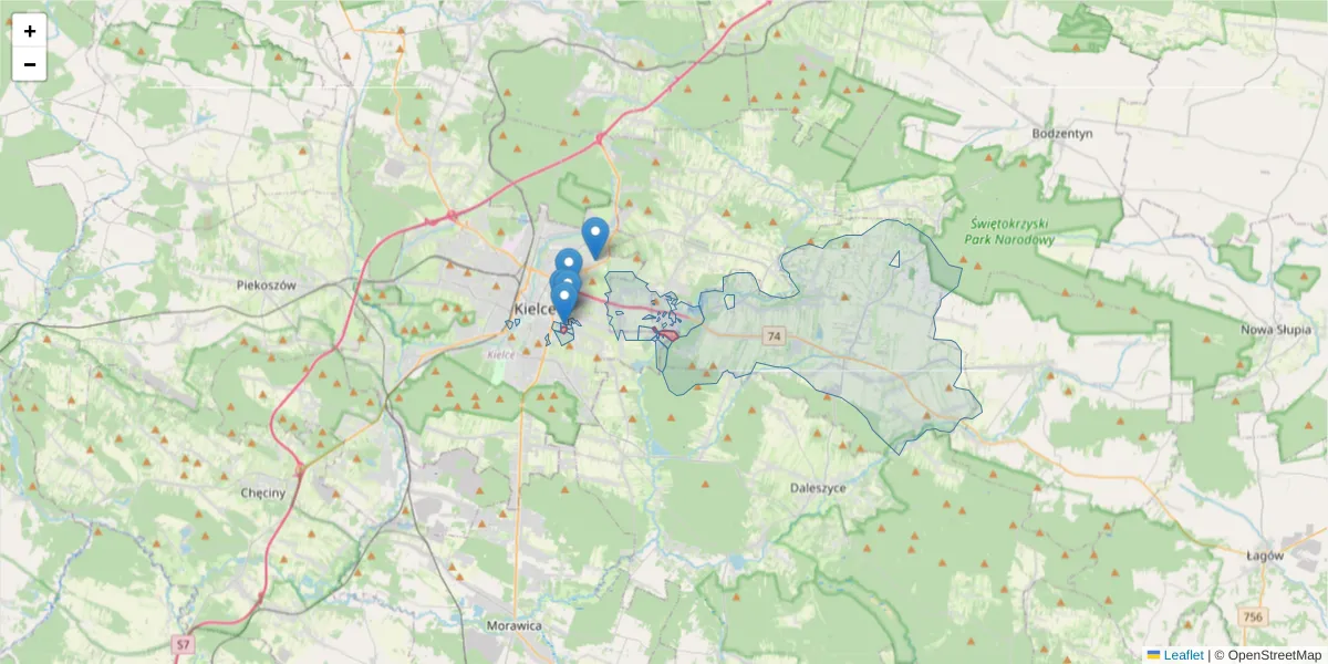 Szczegółowa mapa kodu pocztowego 25-361 z granicami, sąsiednimi kodami pocztowymi i urzędami pocztowymi