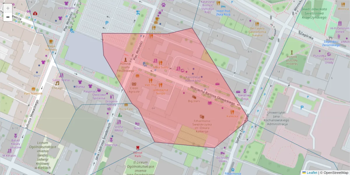 Szczegółowa mapa kodu pocztowego 25-368 z granicami, sąsiednimi kodami pocztowymi i urzędami pocztowymi