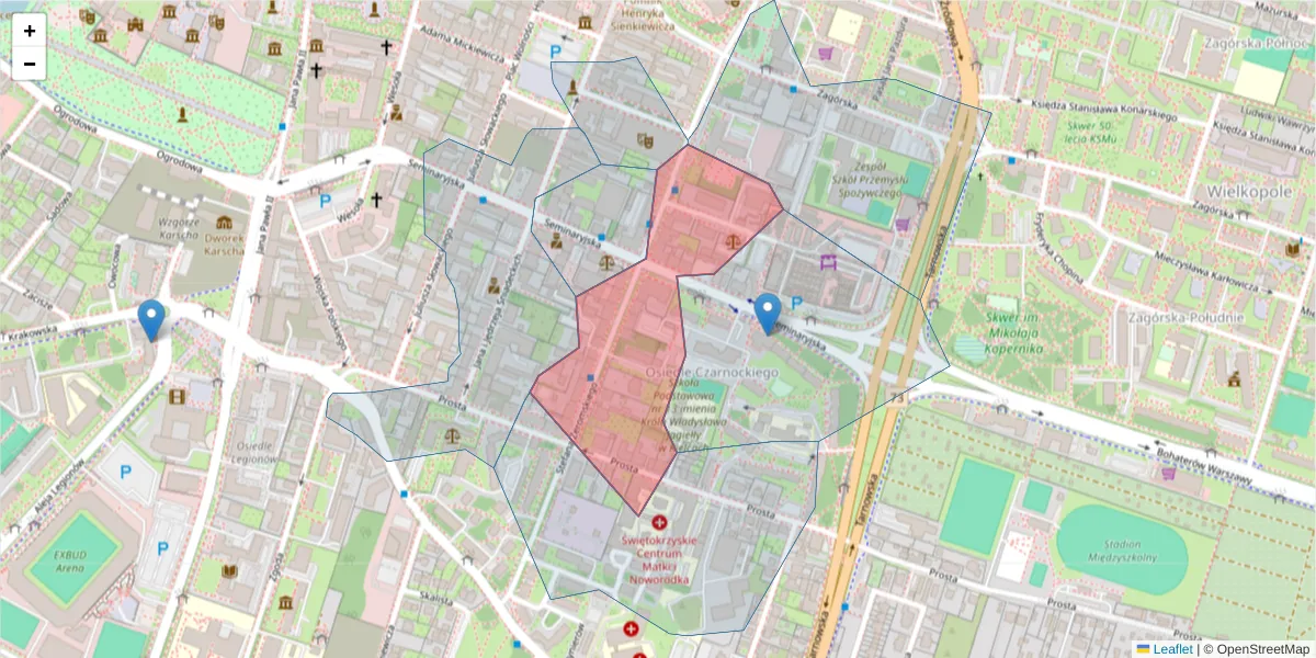 Szczegółowa mapa kodu pocztowego 25-369 z granicami, sąsiednimi kodami pocztowymi i urzędami pocztowymi