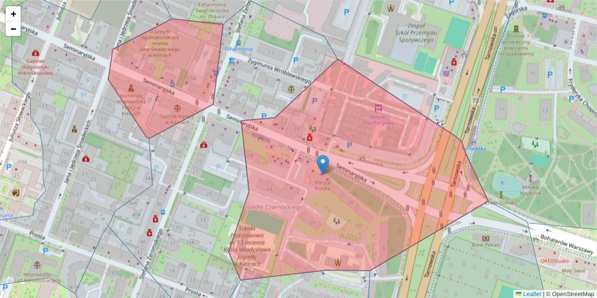 Szczegółowa mapa kodu pocztowego 25-372 z granicami, sąsiednimi kodami pocztowymi i urzędami pocztowymi