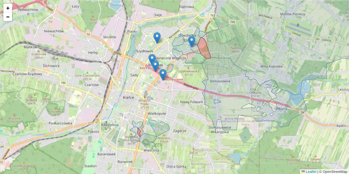 Szczegółowa mapa kodu pocztowego 25-376 z granicami, sąsiednimi kodami pocztowymi i urzędami pocztowymi