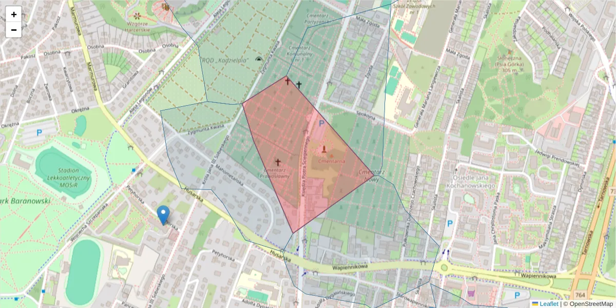 Szczegółowa mapa kodu pocztowego 25-380 z granicami, sąsiednimi kodami pocztowymi i urzędami pocztowymi