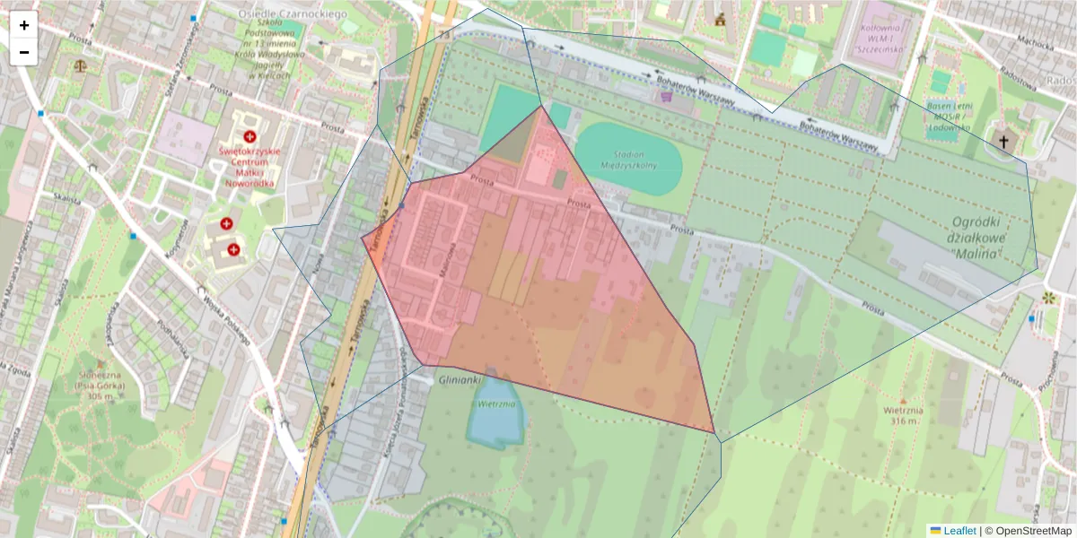 Szczegółowa mapa kodu pocztowego 25-387 z granicami, sąsiednimi kodami pocztowymi i urzędami pocztowymi