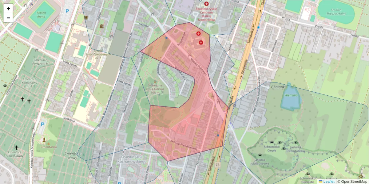 Szczegółowa mapa kodu pocztowego 25-389 z granicami, sąsiednimi kodami pocztowymi i urzędami pocztowymi