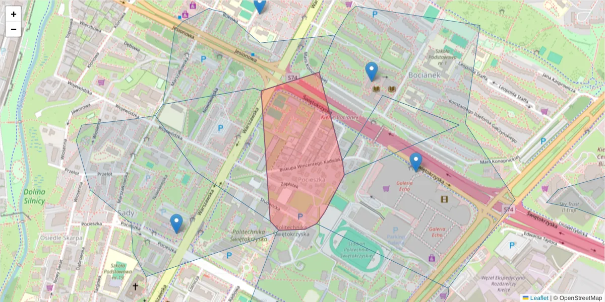 Szczegółowa mapa kodu pocztowego 25-401 z granicami, sąsiednimi kodami pocztowymi i urzędami pocztowymi