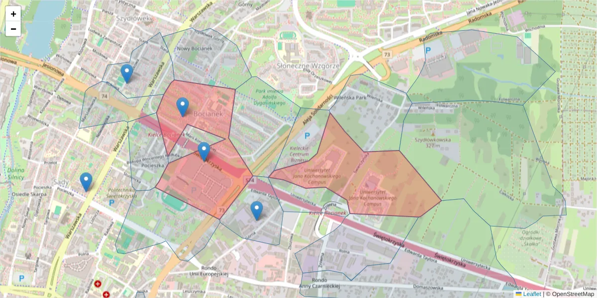 Szczegółowa mapa kodu pocztowego 25-406 z granicami, sąsiednimi kodami pocztowymi i urzędami pocztowymi
