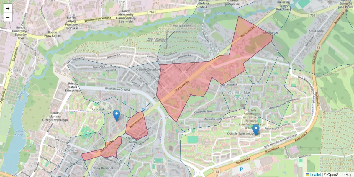 Szczegółowa mapa kodu pocztowego 25-414 z granicami, sąsiednimi kodami pocztowymi i urzędami pocztowymi