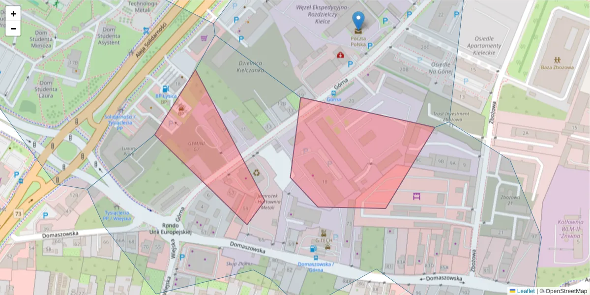 Szczegółowa mapa kodu pocztowego 25-415 z granicami, sąsiednimi kodami pocztowymi i urzędami pocztowymi