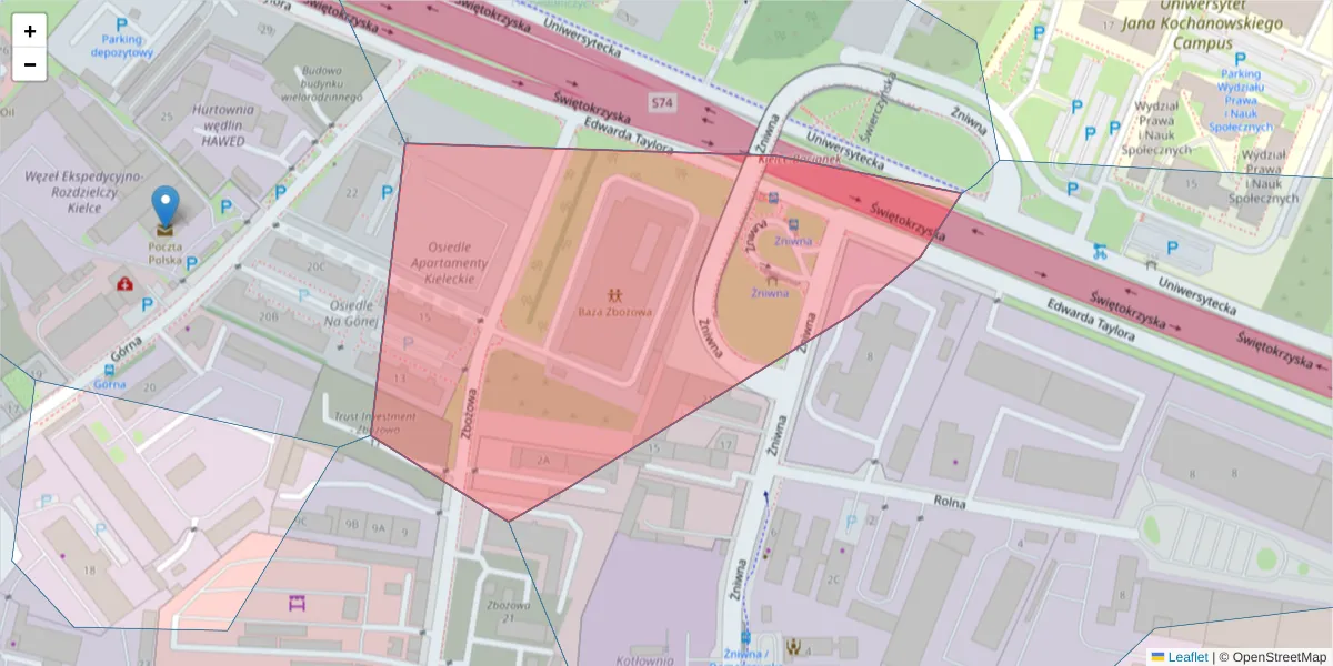 Szczegółowa mapa kodu pocztowego 25-416 z granicami, sąsiednimi kodami pocztowymi i urzędami pocztowymi