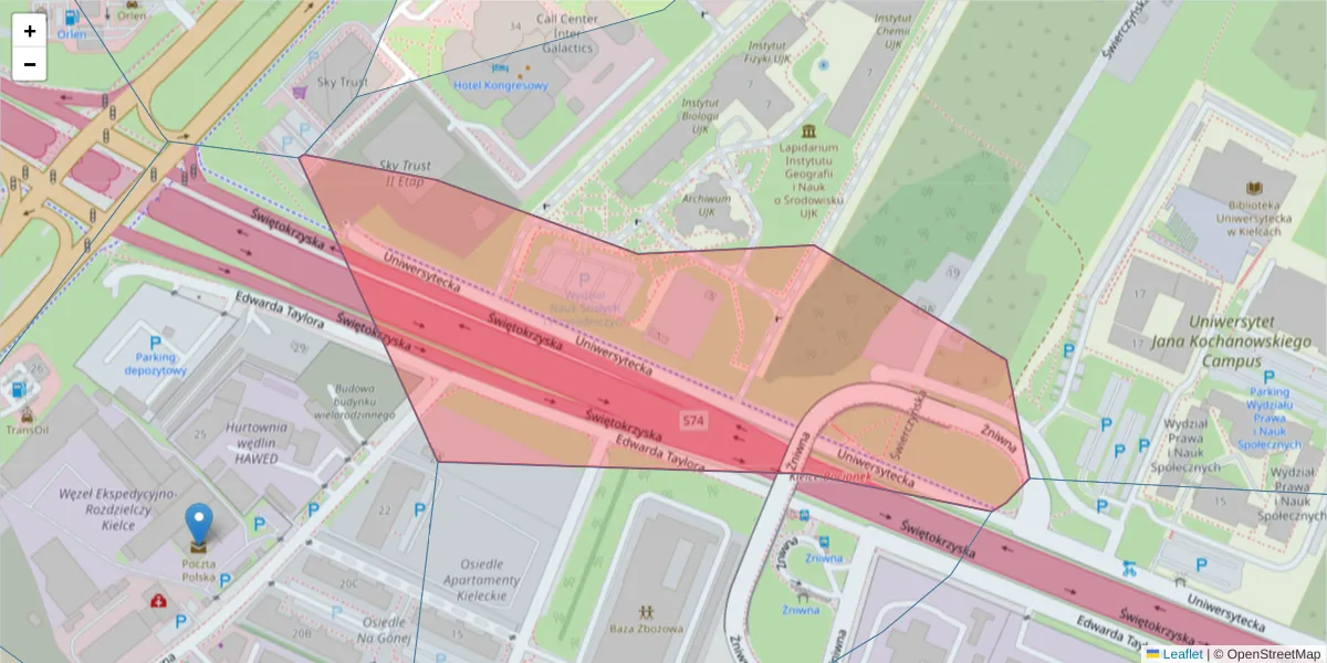 Szczegółowa mapa kodu pocztowego 25-418 z granicami, sąsiednimi kodami pocztowymi i urzędami pocztowymi