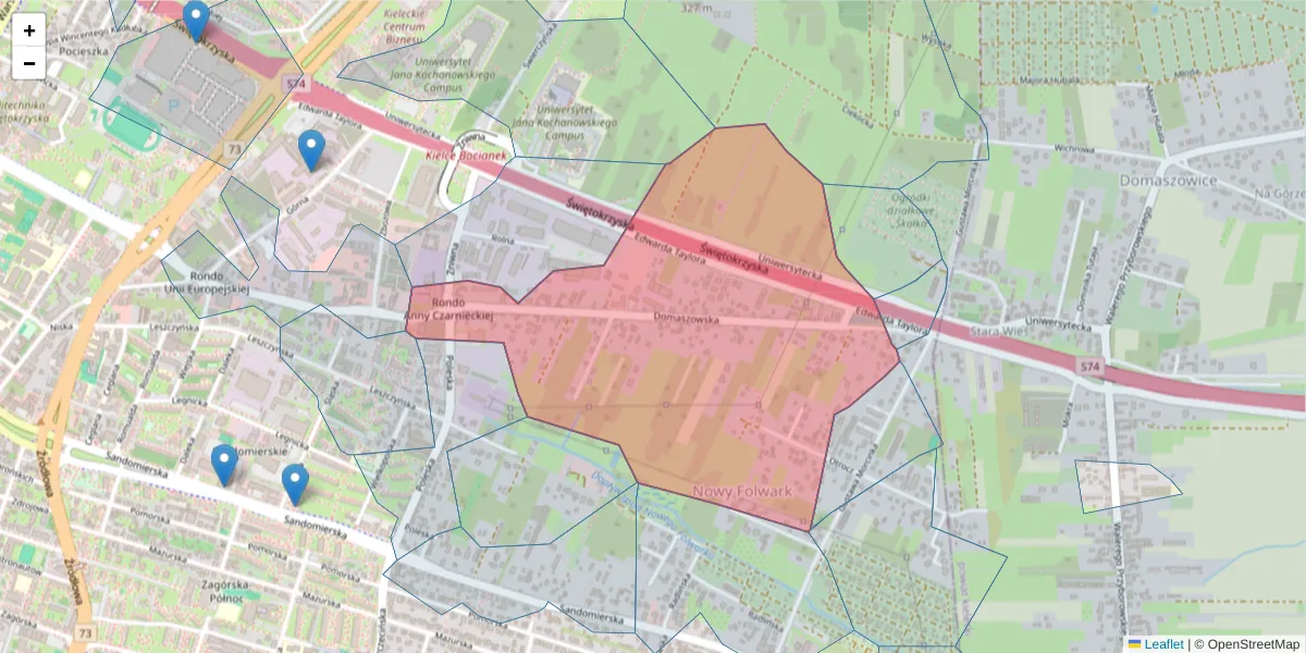Szczegółowa mapa kodu pocztowego 25-420 z granicami, sąsiednimi kodami pocztowymi i urzędami pocztowymi