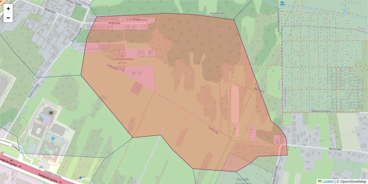 Szczegółowa mapa kodu pocztowego 25-422 z granicami, sąsiednimi kodami pocztowymi i urzędami pocztowymi