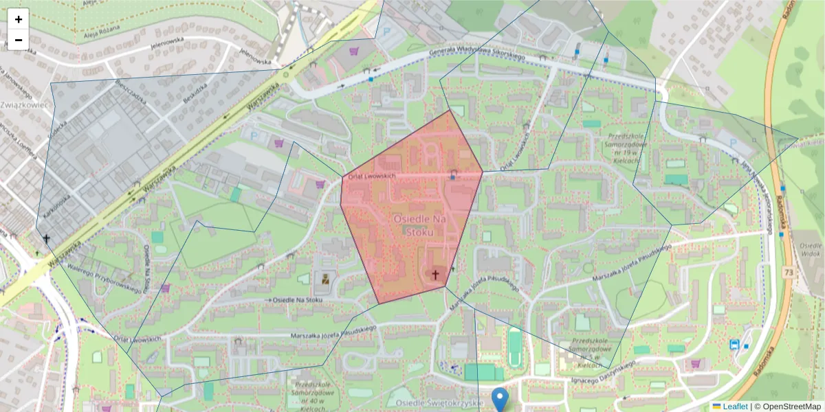 Szczegółowa mapa kodu pocztowego 25-429 z granicami, sąsiednimi kodami pocztowymi i urzędami pocztowymi