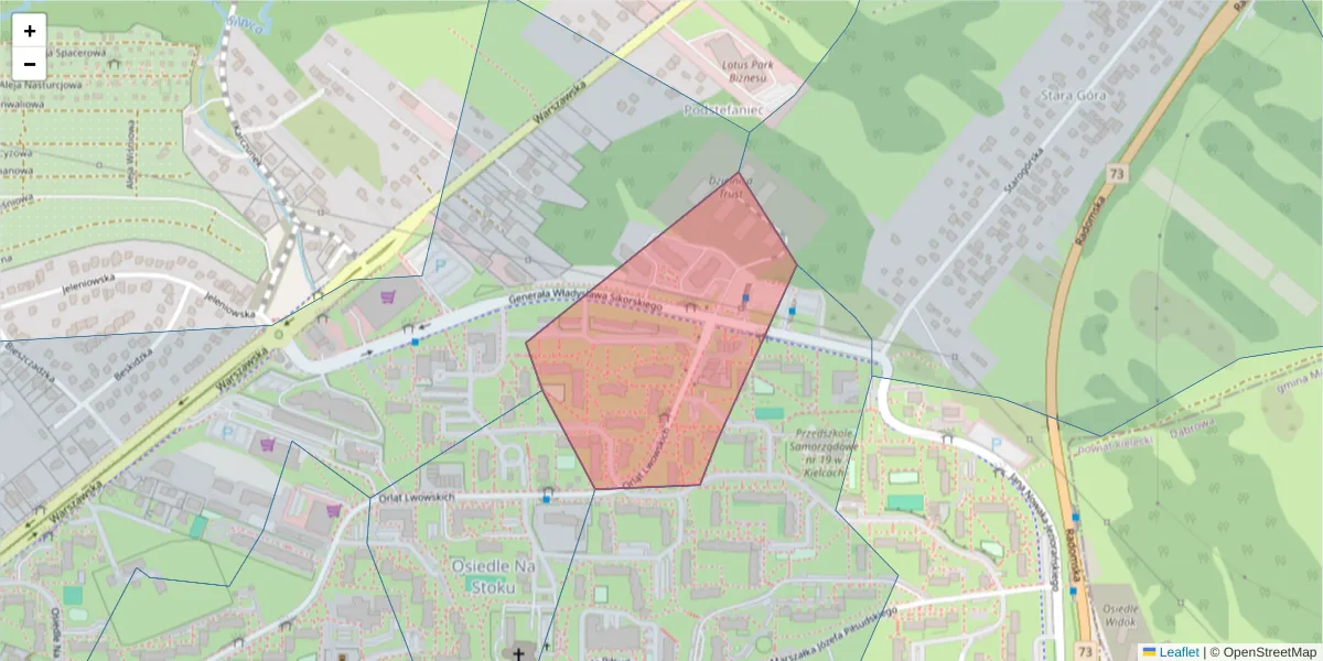 Szczegółowa mapa kodu pocztowego 25-434 z granicami, sąsiednimi kodami pocztowymi i urzędami pocztowymi
