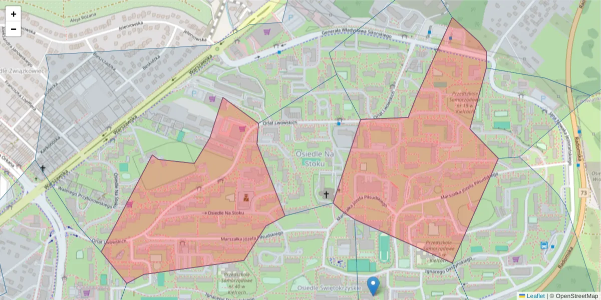 Szczegółowa mapa kodu pocztowego 25-437 z granicami, sąsiednimi kodami pocztowymi i urzędami pocztowymi
