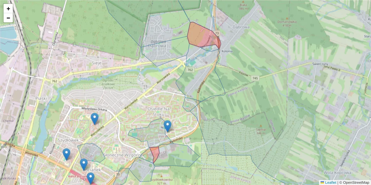 Szczegółowa mapa kodu pocztowego 25-451 z granicami, sąsiednimi kodami pocztowymi i urzędami pocztowymi