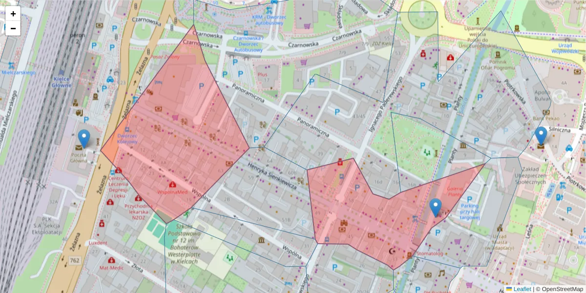 Szczegółowa mapa kodu pocztowego 25-501 z granicami, sąsiednimi kodami pocztowymi i urzędami pocztowymi