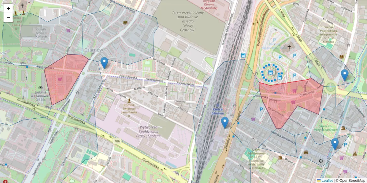 Szczegółowa mapa kodu pocztowego 25-504 z granicami, sąsiednimi kodami pocztowymi i urzędami pocztowymi