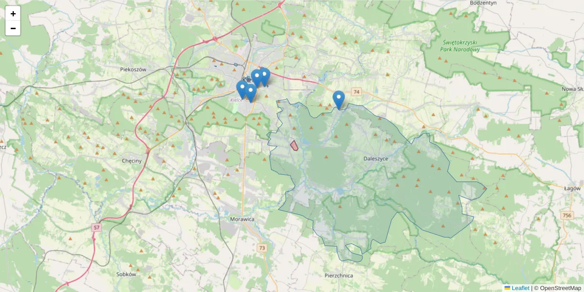Szczegółowa mapa kodu pocztowego 25-507 z granicami, sąsiednimi kodami pocztowymi i urzędami pocztowymi