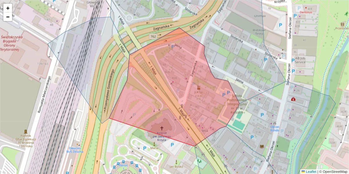 Szczegółowa mapa kodu pocztowego 25-524 z granicami, sąsiednimi kodami pocztowymi i urzędami pocztowymi