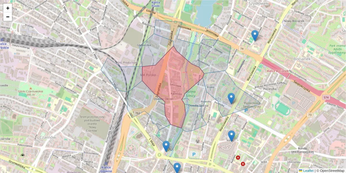 Szczegółowa mapa kodu pocztowego 25-526 z granicami, sąsiednimi kodami pocztowymi i urzędami pocztowymi