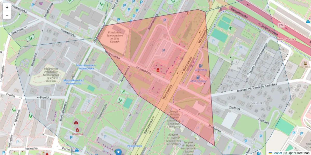 Szczegółowa mapa kodu pocztowego 25-532 z granicami, sąsiednimi kodami pocztowymi i urzędami pocztowymi