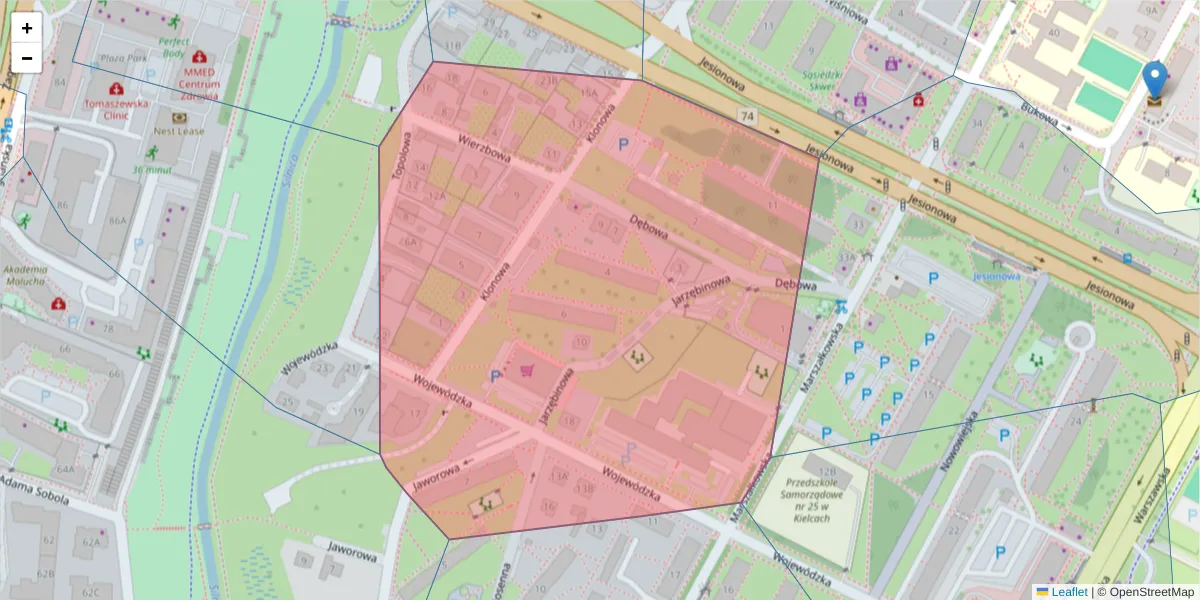 Szczegółowa mapa kodu pocztowego 25-539 z granicami, sąsiednimi kodami pocztowymi i urzędami pocztowymi