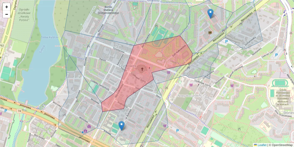 Szczegółowa mapa kodu pocztowego 25-546 z granicami, sąsiednimi kodami pocztowymi i urzędami pocztowymi