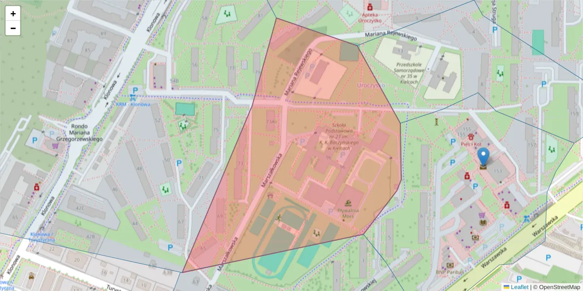 Szczegółowa mapa kodu pocztowego 25-549 z granicami, sąsiednimi kodami pocztowymi i urzędami pocztowymi