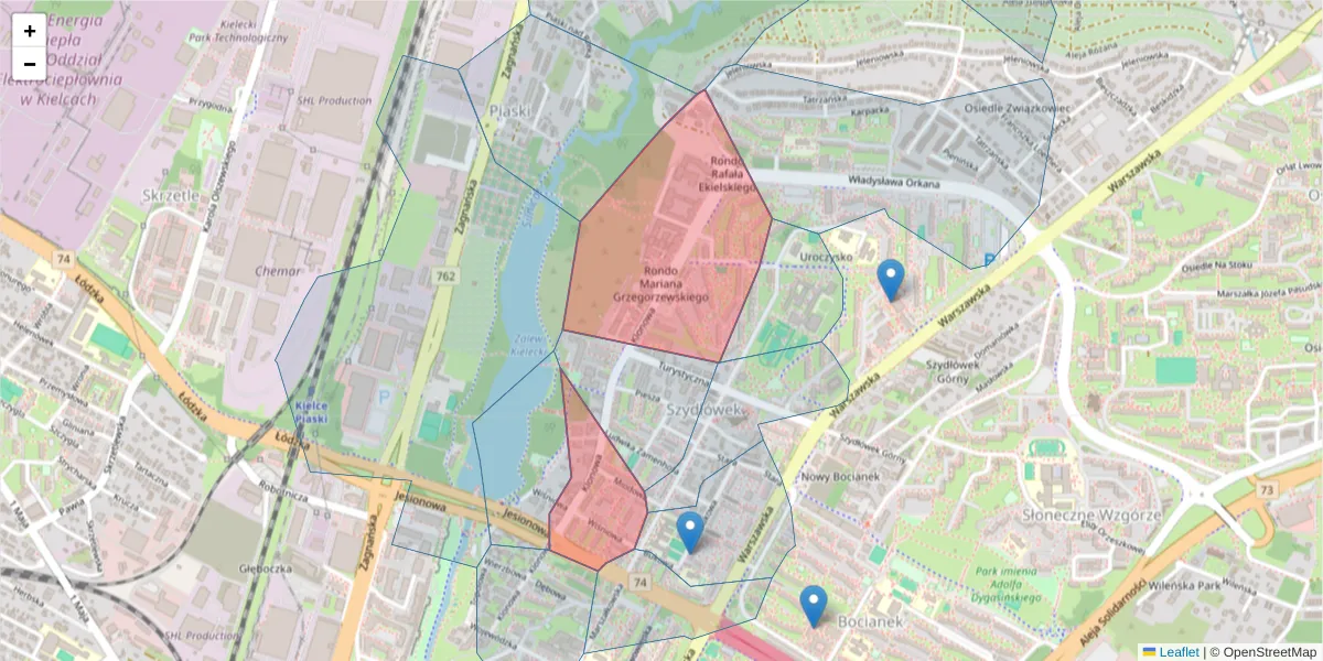 Szczegółowa mapa kodu pocztowego 25-553 z granicami, sąsiednimi kodami pocztowymi i urzędami pocztowymi