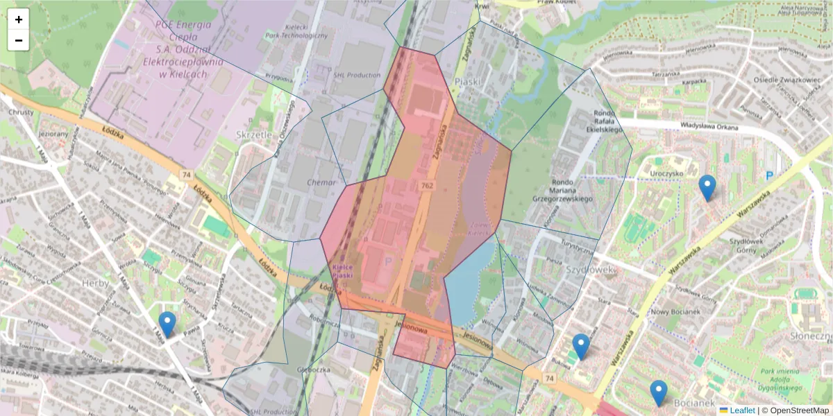 Szczegółowa mapa kodu pocztowego 25-558 z granicami, sąsiednimi kodami pocztowymi i urzędami pocztowymi
