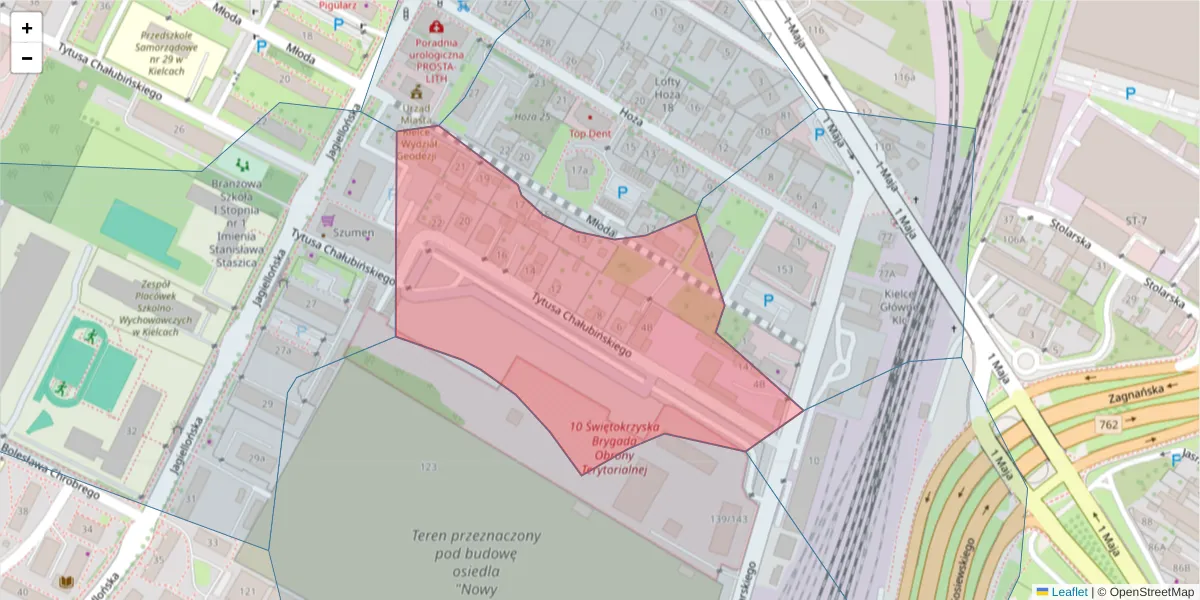 Szczegółowa mapa kodu pocztowego 25-609 z granicami, sąsiednimi kodami pocztowymi i urzędami pocztowymi