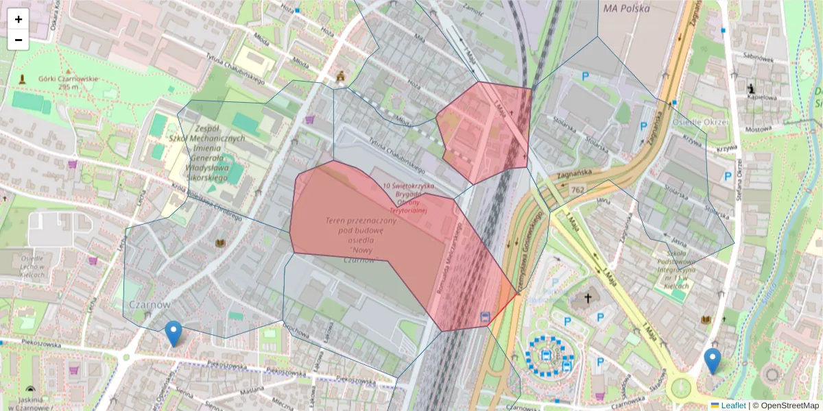Szczegółowa mapa kodu pocztowego 25-611 z granicami, sąsiednimi kodami pocztowymi i urzędami pocztowymi